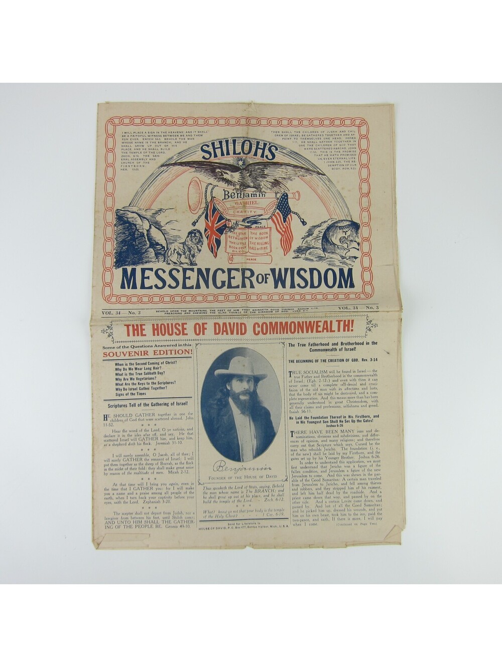 House of David Benton Harbor Michigan Shilo's Messenger of Wisdom Newsletter